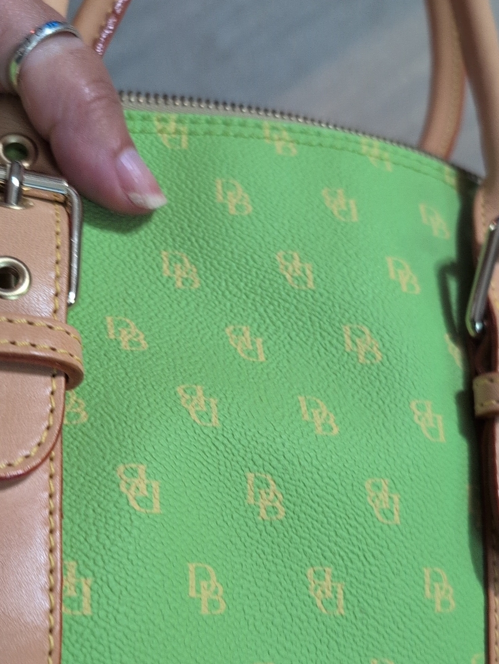 Dooney And Bourke Green Monogram Satchel Handbag with Tan Trim - Picture 9 of 10